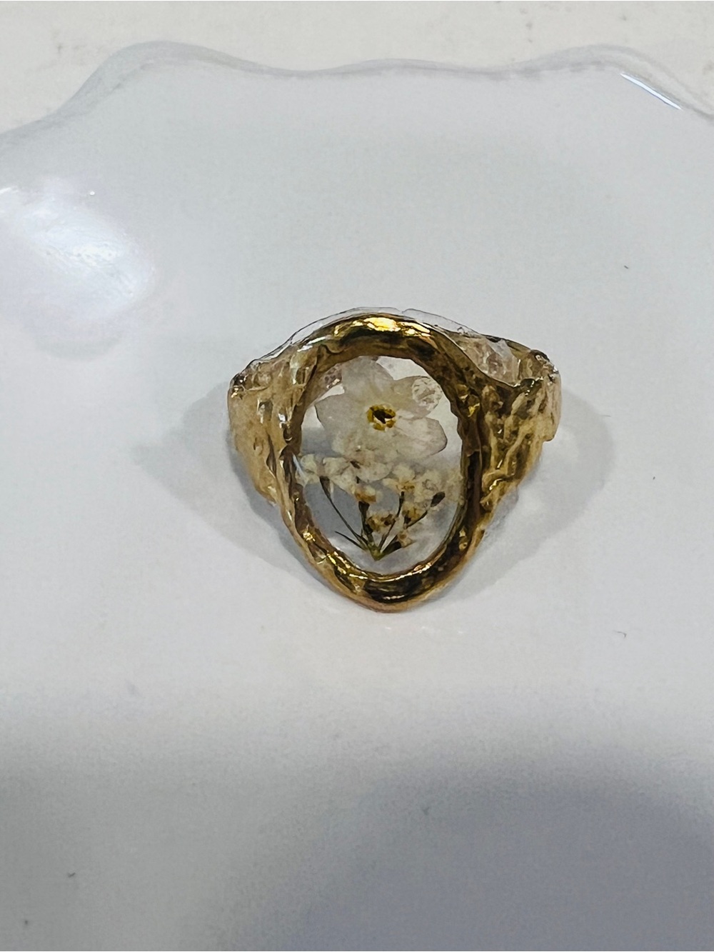Gold Tone Metal Oval Clear Crystal Bezel Set Flower Cocktail Ring Adjustable